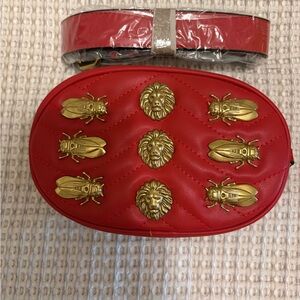 Red Quilted Oval Crossbody / Fanny Pack Bag with Gold Lion and Bug Accents